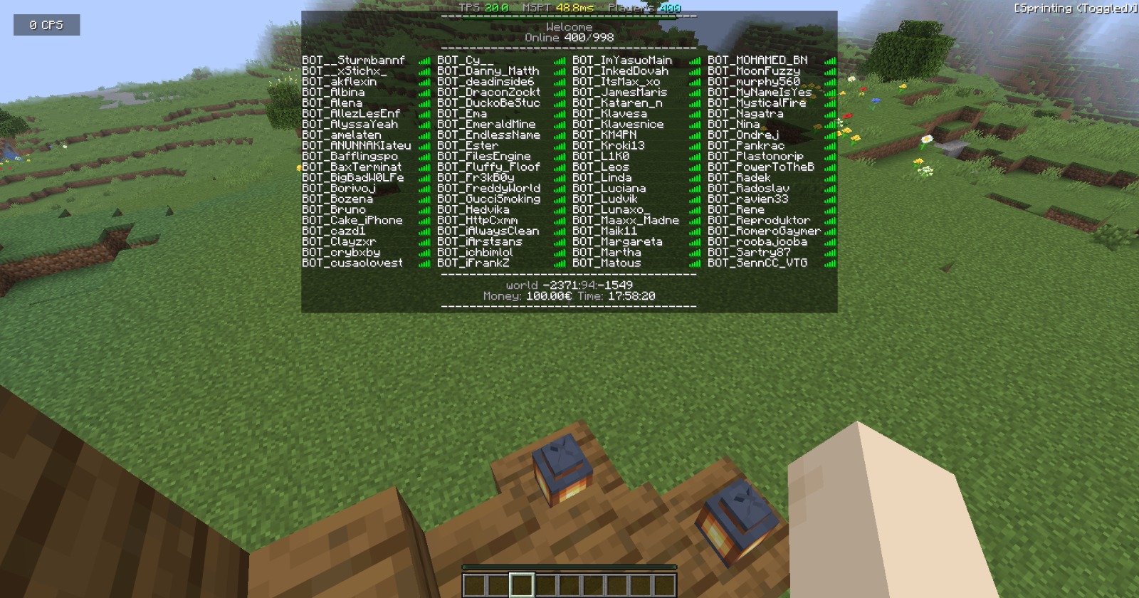 Stress test: 400 concurrent players on a 4 GB RAM server powered by a low-end CPU, maintaining 20 TPS (~48.8 MSPT). This demonstrates LionSpigot's advanced optimizations for networking, entity processing, and server performance under extreme load.